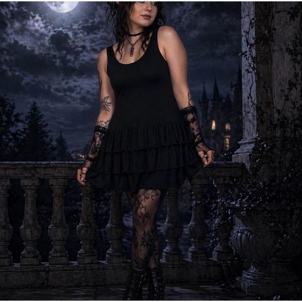 Black Ruffled Tiered Jersey Tank Dress Sz M Ballerina Fairy Goth CoverUp Stretch